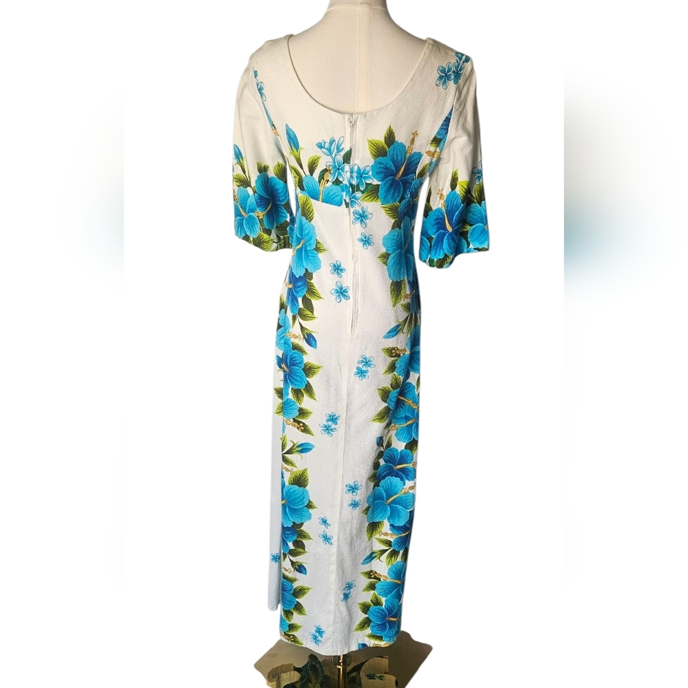🌺 Ui-Maikai VTG Hibiscus + Plumeria Floral Maxi Dress Blue/White - Picture 3 of 8